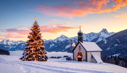 A snowy landscape at dawn with a decorated tree illuminated against a mountain range and small chapel