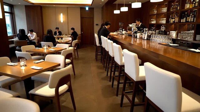 Elegant restaurant interior with tables, chairs, and bar area.