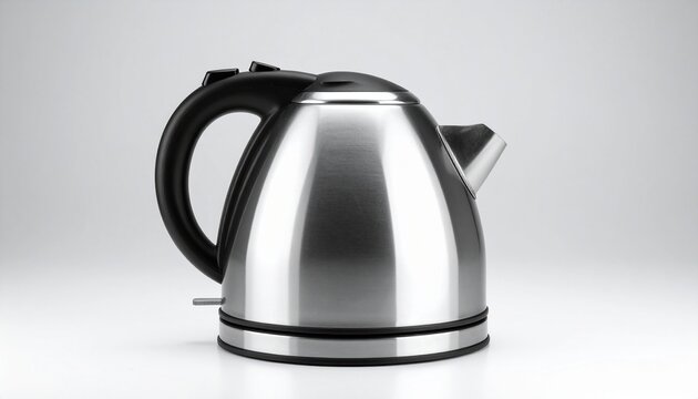 A stainless steel stovetop kettle with black handle and flip‑top spout, wide base design.