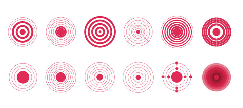 concentric wave pattern radiating outward from center isolated, pain localization icons for healthcare diagnosis, medical symptoms illustration, physiotherapy treatment, and nerve ache injury spots.