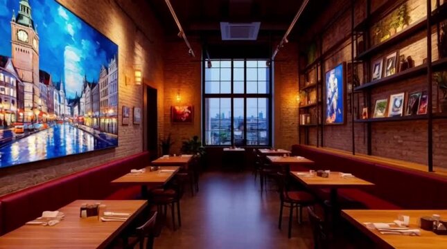 Elegant empty restaurant interior with brick walls, red leather booths, and large paintings on a cozy evening