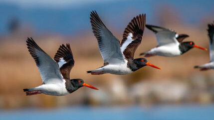 A group of birds with red beaks soars through the air against a backdrop of blue water and a sandy shoreline in a captivating flight.