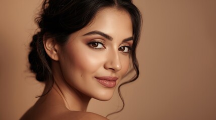 Close-up portrait of a serene young woman showcasing elegant natural makeup and refined beauty with a warm, gentle expression