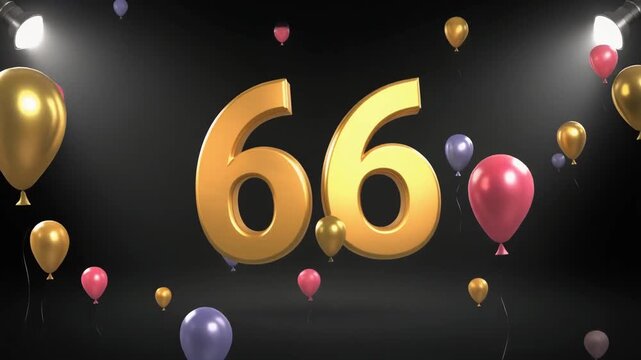 Number 66 in the spotlights with balloons in the background. Festive scene for birthday or anniversary party