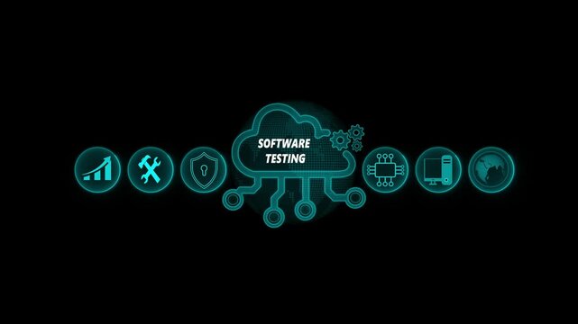 Inscription SOFTWARE TESTING on the virtual display. Business, Technology, Internet and network concept. Cloud computing for data storage, Cloud icon with data icon on world background