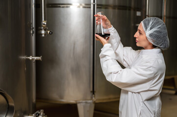 Expertise female wine maker working and inspecting wine in fermenting room 