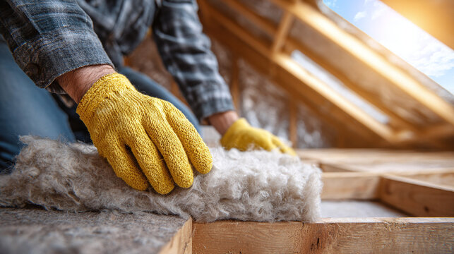 Attic insulation being installed, with protective gloves, for energy efficiency and climate control for homes and buildings.