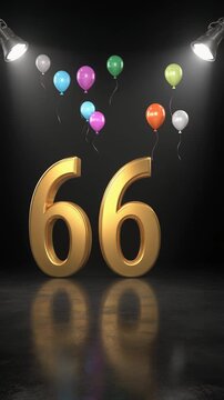 Number 66 in the spotlights with balloons in the background. Festive scene for birthday or anniversary party