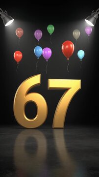 Number 67 in the spotlights with balloons in the background. Festive scene for birthday or anniversary party