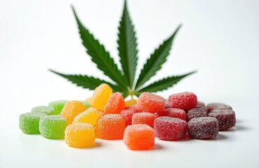 Assorted colorful cannabis gummies and green marijuana leaf arranged on white background. Fruit flavored edibles for relaxation and wellness promote calm happy feelings.