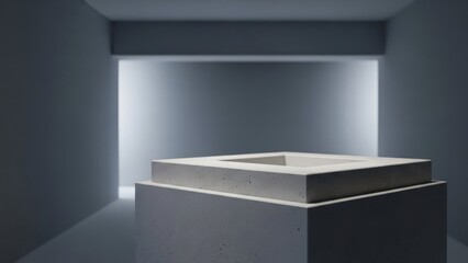 A minimalist, modern concrete pedestal in a dark, minimalist room with a single light source.