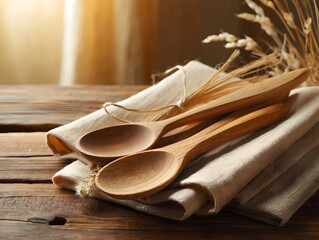 Wooden spoons resting on cloth napkin with dried wheat