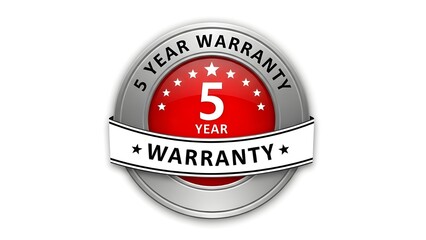 5 year warranty logo with red oval and white banner