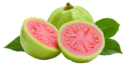 Close-up photo of a halved guava with a spoon scooping the soft center transparent png background. Ai generated