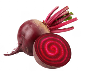 Whole and sliced red beetroot vegetable root vegetable isolated on a transparent background