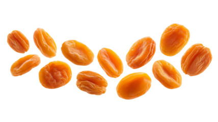 A group of sweet delicious plump wrinkled orange dried apricots arranged in a scattered floating pattern, isolated on transparent background