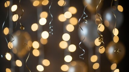 Golden and silver streamers and balloons against a dark background with bokeh lights.