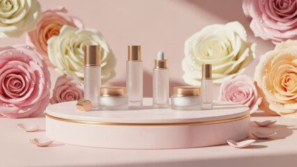 A collection of skincare products on a pink and gold podium with rose petals and flowers in the background.