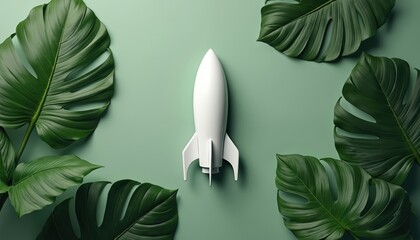 White rocket model stands among rich green leaves against plain background. Concept of eco friendly business startup launch and future growth. Space exploration and sustainability themes.