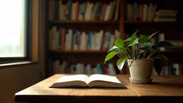 Open book and potted plant on a wood desk with bookshelves