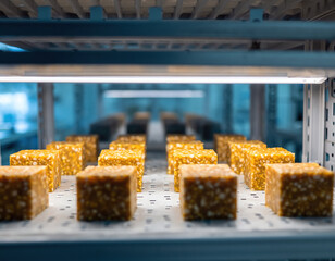 Synthetic meat cube in laboratory showing food of future. clean, cellular alternative protein created with biotechnology. Innovation in modern food science and technology