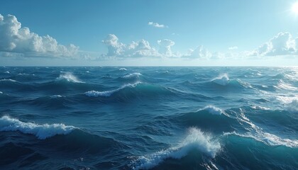Rolling ocean waves under clear sky with scattered clouds. Deep blue sea water shows movement and light reflection. Vast seascape with horizon line visible.