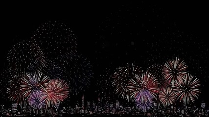 Vibrative fireworks explode over city skyline 🎆✨. Cinematic slow motion, perfect for celebratory messages. High-res, royalty-free footage