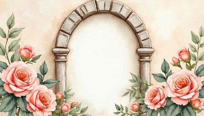 Watercolor illustration features stone archway framed by pink roses and green leaves. Vintage floral design with cottagecore aesthetic evokes romantic garden.