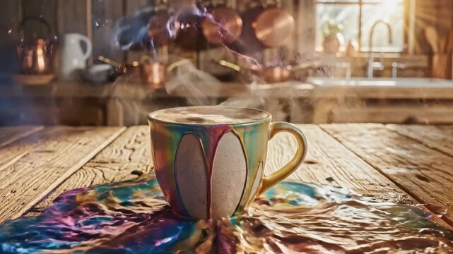 A vibrant and mystical coffee concoction spectacularly spills across a rustic wooden kitchen table, creating a mesmerizing scene of colorful chaos and steam