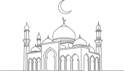 A line drawing of a mosque with domes and minarets under a crescent moon © Pixel Verses