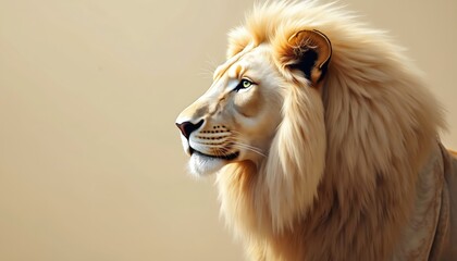 Majestic white lion head in profile against neutral beige backdrop. Its piercing green eyes look to left, showcasing its regal mane, powerful presence. This portrait symbolizes strength, royalty.