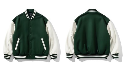 Classic varsity jacket letterman jacket forest green wool body color with off white color sleeves