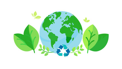 Flat vector illustration of green earth with leaves and recycling symbols, representing sustainability, eco living, and environmental protection.
