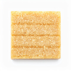 Delicious top down minimalist blondie bar with golden texture, isolated on white background. sweet, chewy, homemade comfort food snack perfect for tasty dessert
