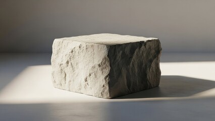 A large, square, white stone block on a smooth, gray surface with a shadow cast by the block.