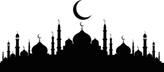 Silhouette of a mosque with domes and minarets under a crescent moon © Pixel Verses