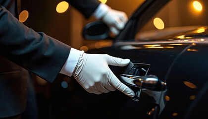 Valet opens luxury car door at night. Attendant wears white gloves, offering premium transport. Offers comfort and elite travel service for VIPs.