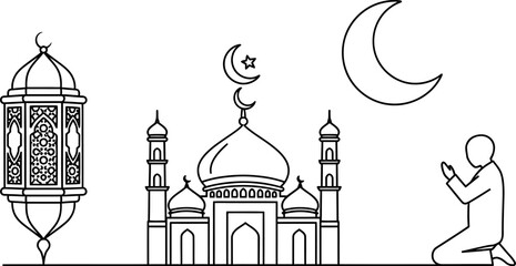 ramadan mosque lantern and man praying under crescent moon and star © Pixel Verses