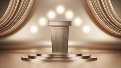 A gold podium with a microphone on a stage with a curtain and spotlights in the background.