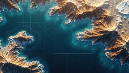 Aerial view of jagged coastlines and islands surrounded by blue ocean water. Detailed terrain elevation with shadows and highlights. Grid overlay indicates mapping or navigation.