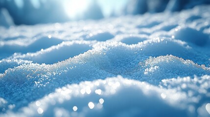 Close up of sparkling snow texture with bright sunlight filtering through trees on a cold winter