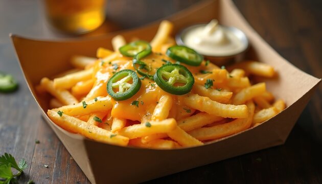 Crispy french fries topped with melted cheddar cheese sauce and fresh jalapeno slices. Served in a paper tray with a side of dipping sauce. Perfect for snack or party occasions.
