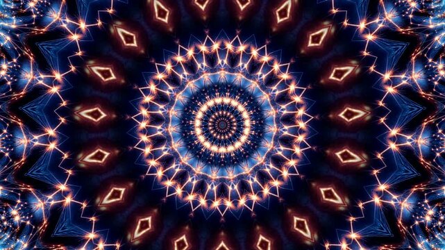 Abstract Blue Kaleidoscope Mandala Tunnel Effect with Glowing Particles Fractal Symmetry Digital Motion Graphic Seamless Loop