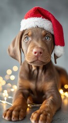 cute puppy wearing santa hat, cozy festive lighting, clean background, vertical composition