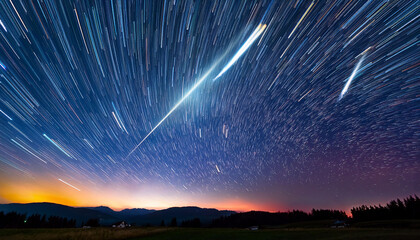 Vivid Meteor Shower Illuminating A Dark Starry Sky With Blurred Streaks Of Light