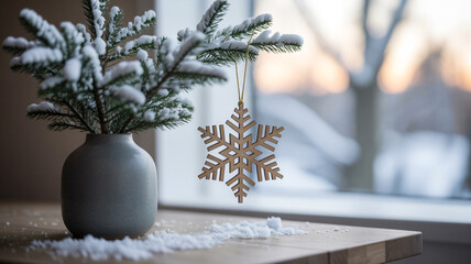 Snowy pine branch with wooden snowflake ornament