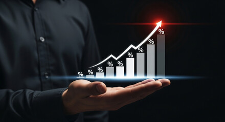 A hand presents a striking bar chart indicating substantial percentage increase and financial growth.