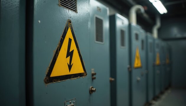 Electrical panel with high voltage warning sign. Yellow hazard symbol on gray equipment. Danger notice for power systems. Industrial electricity risk.