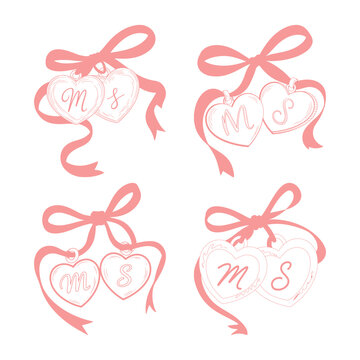 Pink heart lockets with initials M and S tied with ribbons vector illustration