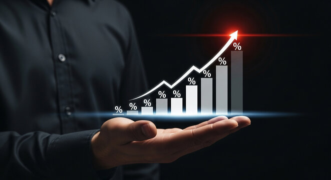 A hand presents a striking bar chart indicating substantial percentage increase and financial growth. - Powered by Adobe